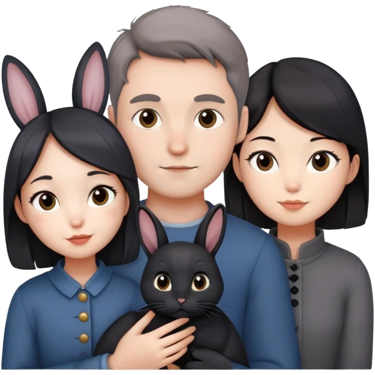 A french guy with a chinese girl, and a grey rabbit and a bliack cat emoji