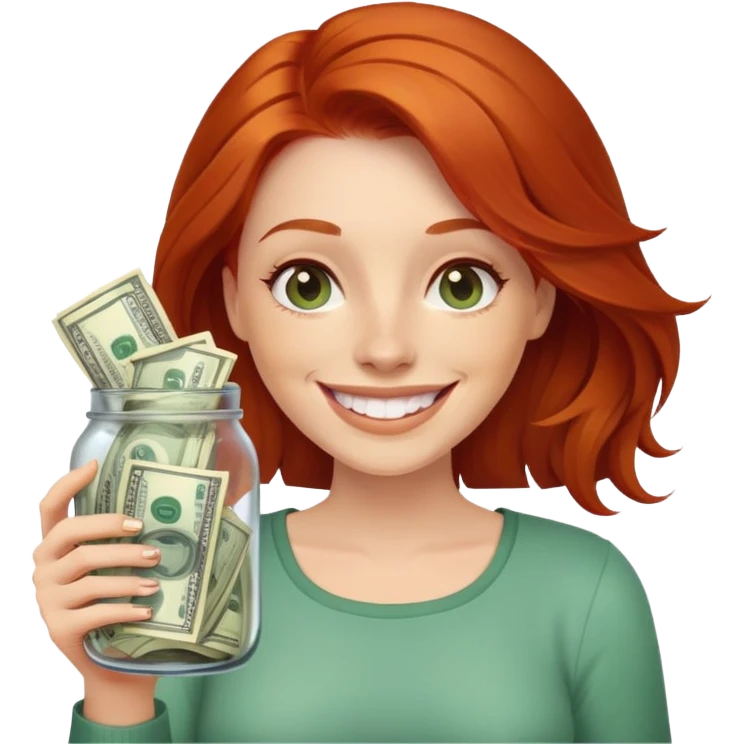 redhead woman with big smile holding glass jar with money bills inside emoji