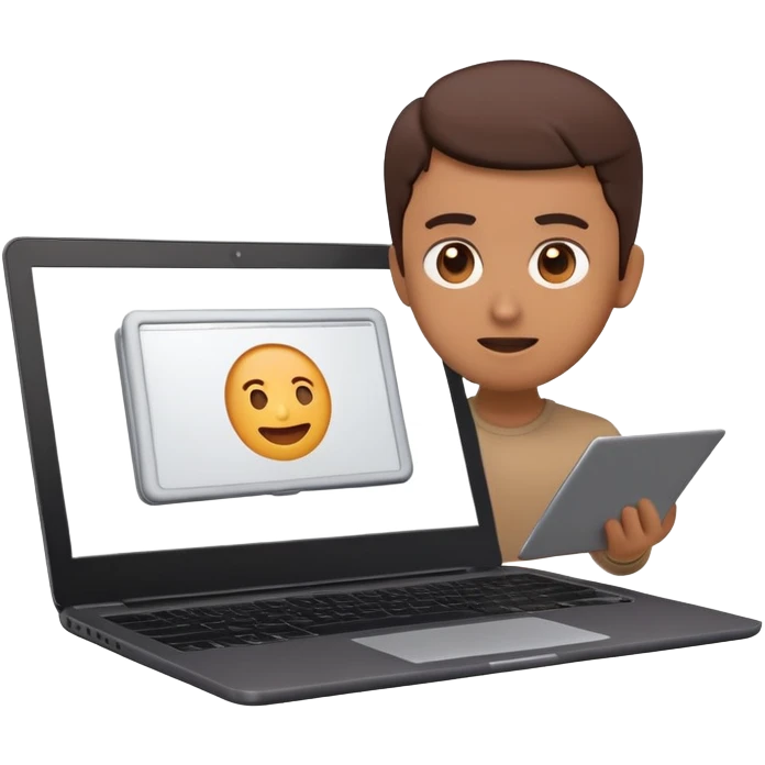 A dark-colored laptop with the screen open. From the screen, a person is emerging, giving a lecture or teaching. The person should look expressive and in a teaching pose. Soft shadows, semi-3D emoji style, clean background. video course emoji