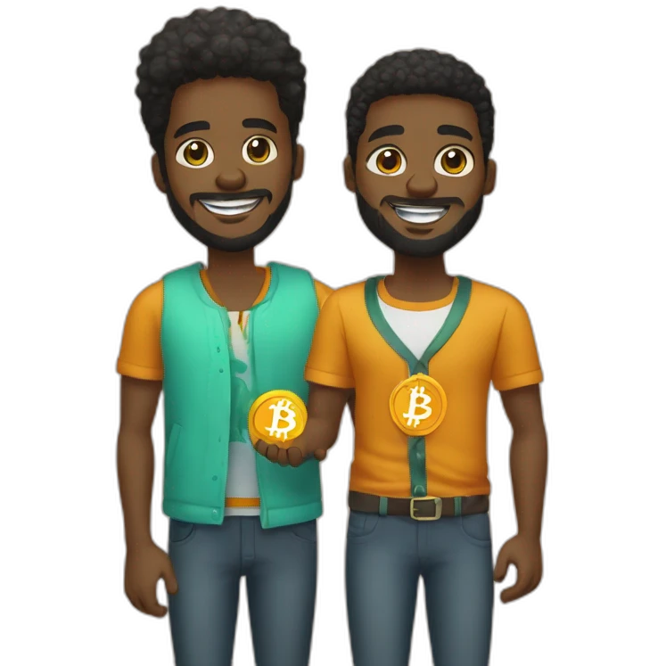 Two young black men in their 20’s with beards and on a low cut shaking hands with Bitcoin token in their hands  emoji
