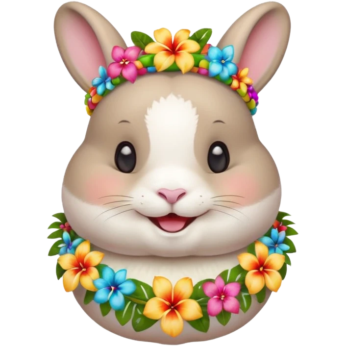 A chubby rabbit with a colorful tropical lei, smiling sweetly. emoji