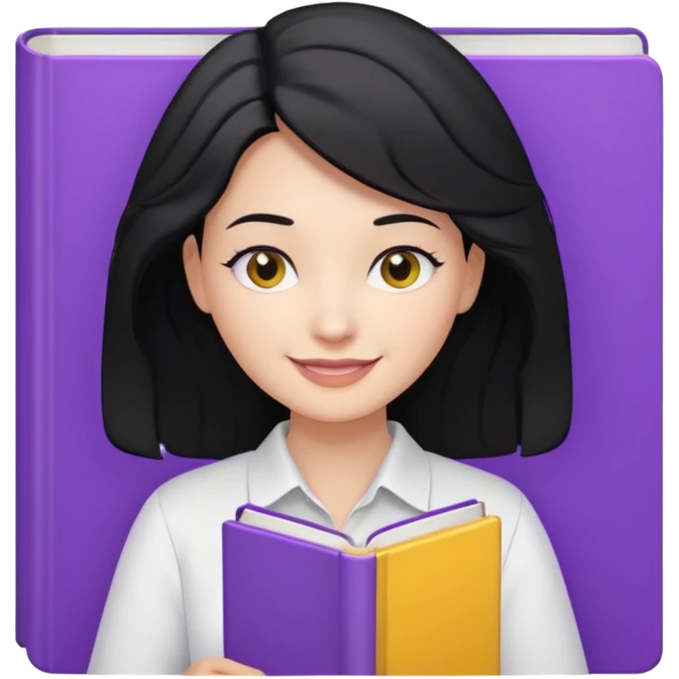 검정머리에 책읽고있는 여자. 해줘. 그리고 그 책으로 얼굴 반은 가린듯한 머리는 약간 파마 앞머리 없고 그리고 너무 무섭게 말고 책 읽는다고 얼굴 반은 가린듯한 책은 흰색에 보라색 노란색 섞여있고. 약간 미소 옷은 흰색.  emoji