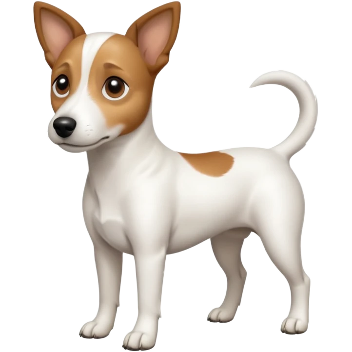 a full body white jack russel looking dog the size of a kelpie with light brown ears and a light brown patch on one eye, flopped down ears and a large snout emoji
