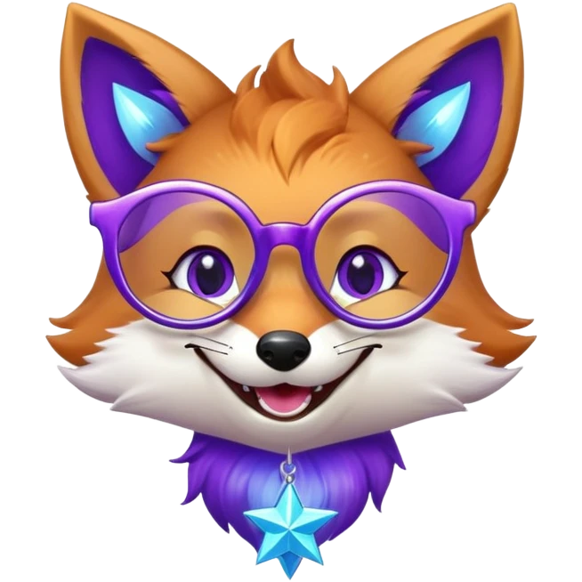 A magical fox with shimmering purple and blue fur, a glowing tail, a silver star on its forehead, and round glasses, laughing so hard that tears are streaming from its eyes. 🦊😂 emoji