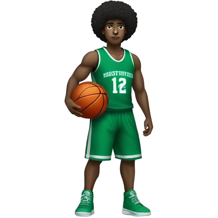 Muscular big black Afro light-skinned skinned male teenager in a green basketball uniform holding a basketball.  emoji