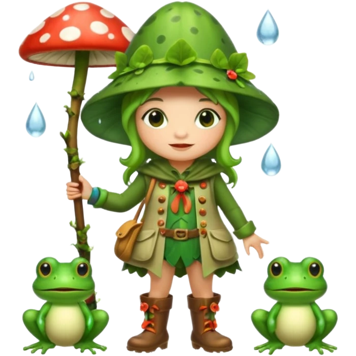woodland bard woman dressed as frog druid, mushroom hat and rain boots emoji