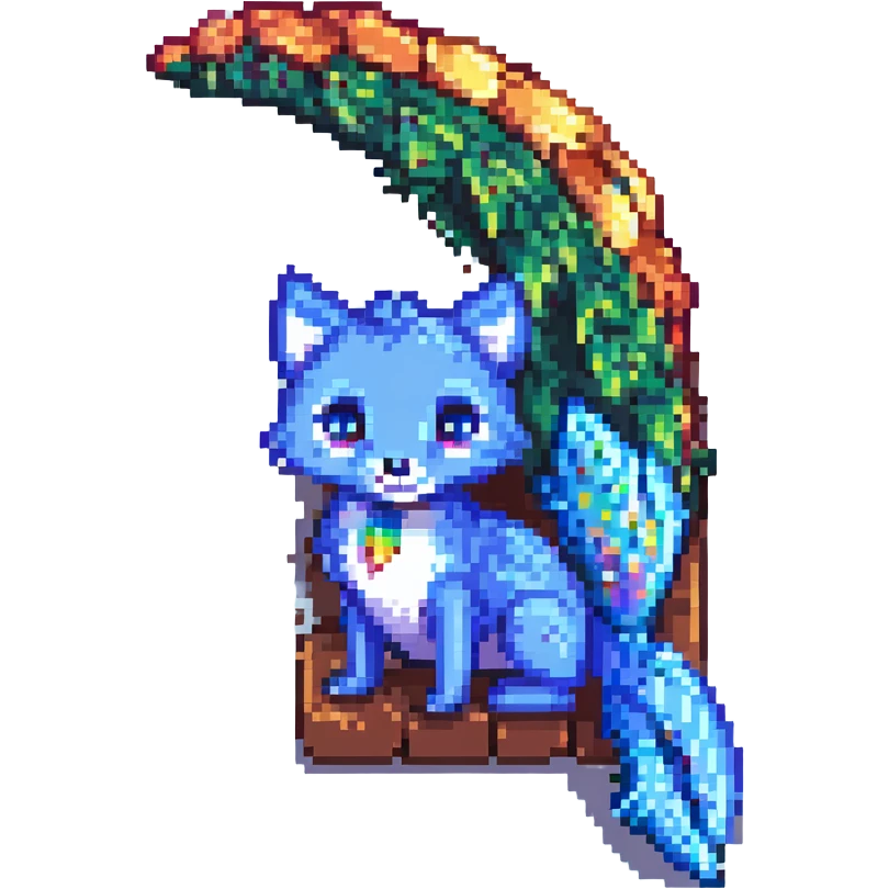 a cute blue fox and a rainbow fish as friends, pixel art style, simple and charming, bright colors emoji