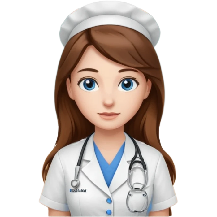 pretty female nursing student with long brown hair, blue eyes inside a classroom at university emoji