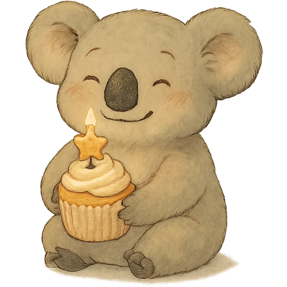 happy koala holding cupcake with 1 star candle in soft Ghibli style emoji