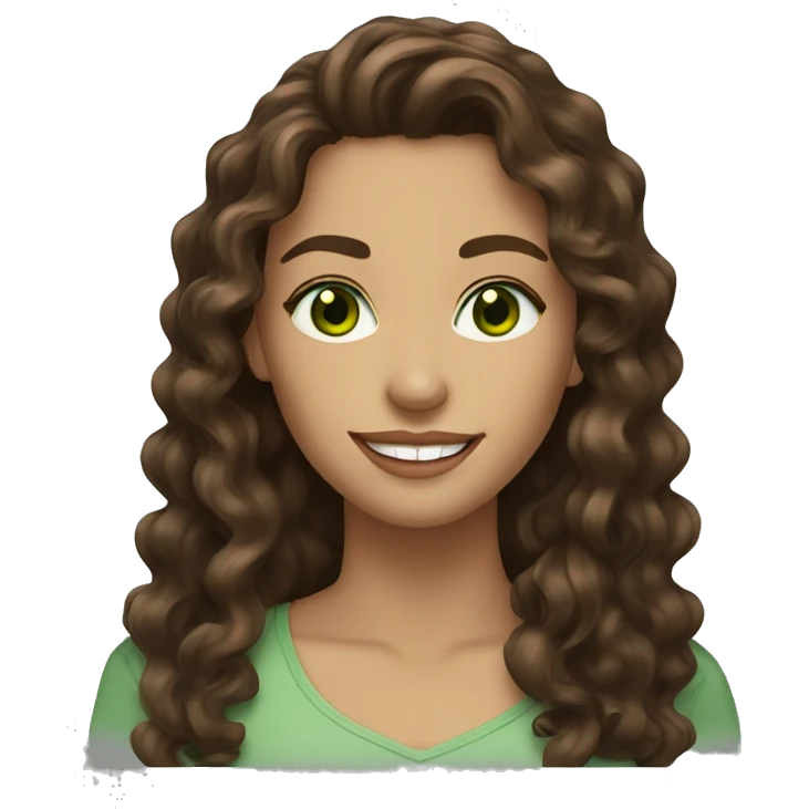 brunette woman green eyes long brown curly hair full lips smile emoji