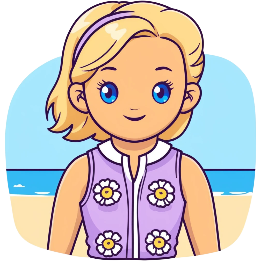 preppy coastal teen girl with blue eyes, beach blonde hair, tan skin, small flowers in her ear, preppy beach outfit emoji
