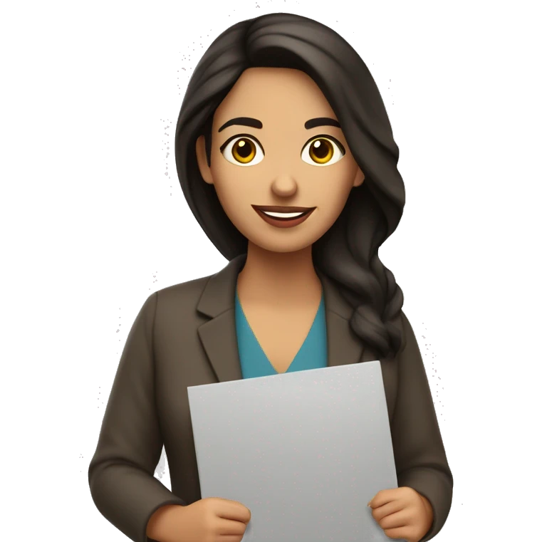 hispanic woman brunette short art teacher holding welcome sign emoji