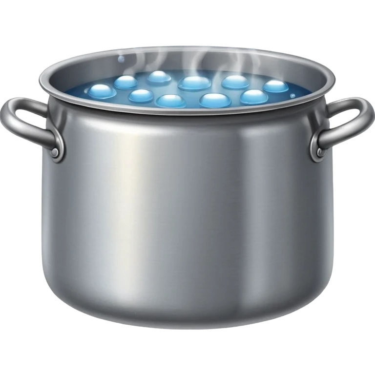 small metal pot filled with boiling water on a stove, visible hot steam and rising bubbles, realistic heat effect, shiny pot surface, bright lighting, clean white background emoji