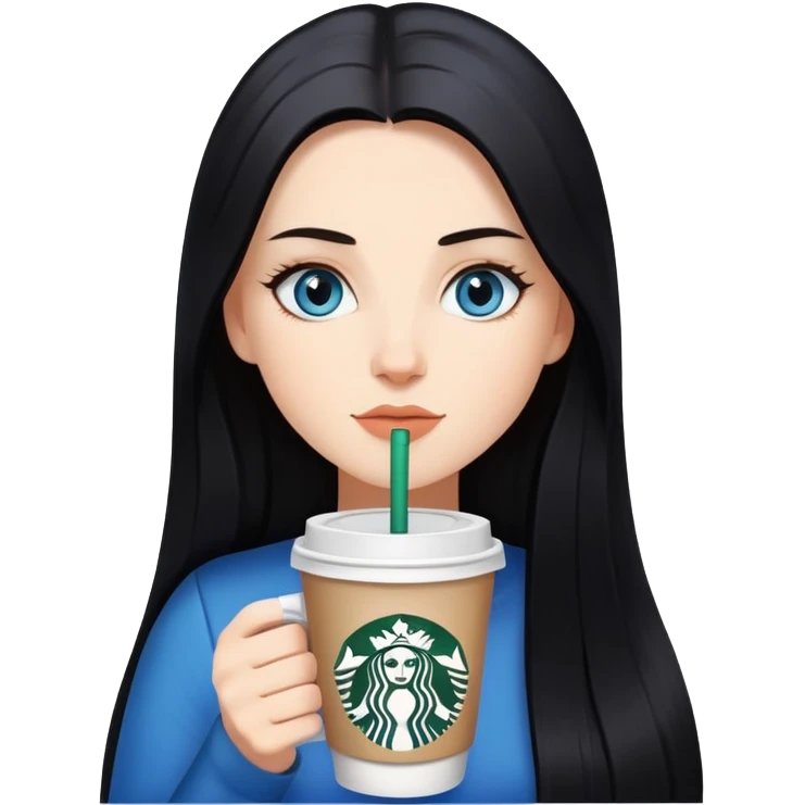 White girl with long straight black hair, blue eyes, drinking Starbucks coffee emoji