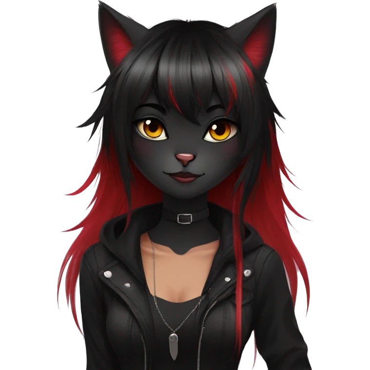 Anthro Edgy Cool Beautiful Black Cat-Fursona with Emo Hair-bangs with Red Streaks emoji