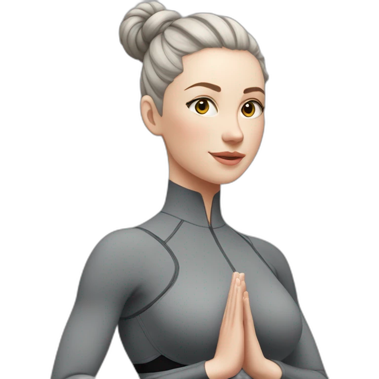 Pale skinned fit woman In a gray tight yoga suit and wristbands With black hair in a bun doing yoga emoji