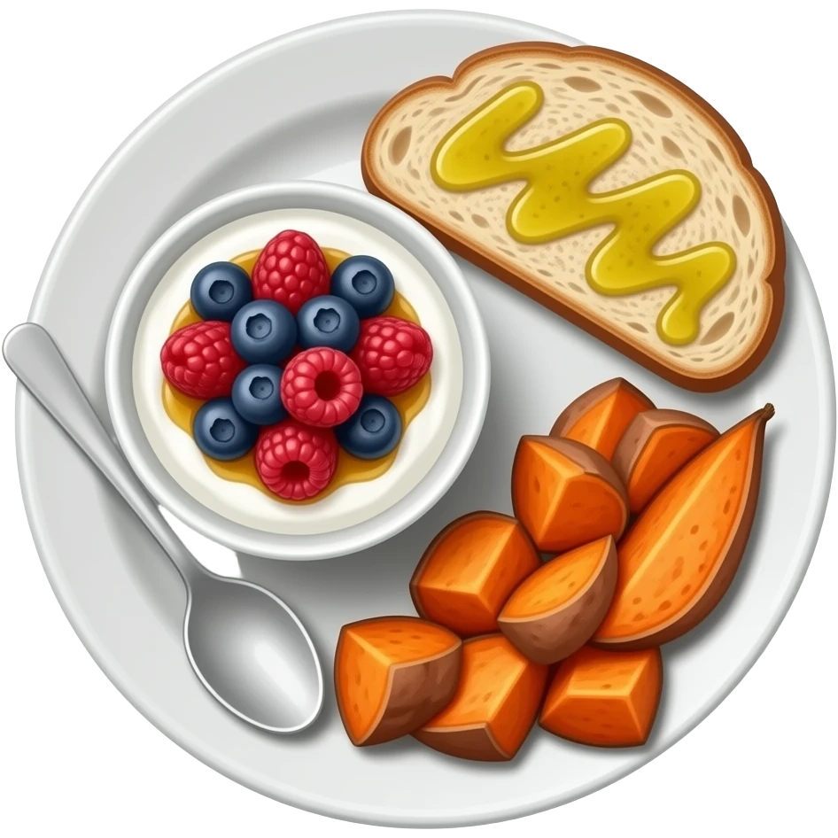 Realistic Plate with greek yogurt bowl topped with blueberries raspberries and maple syrup and sourdough slice topped with a lot of olive oil and a sweet potato on the side HD emoji