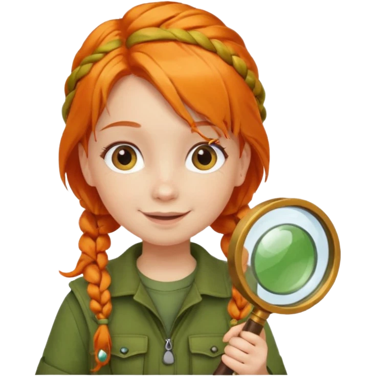 braid orange haired girl kid in moss green explorer outfit, holding magnifying glass, smile emoji
