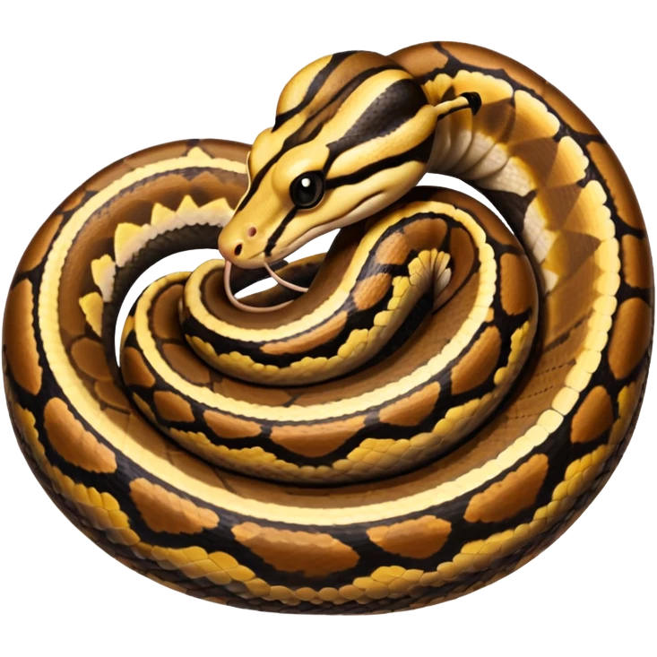 A photo-realistic top-down view of a Ball Python gently coiled into a tight spiral, with its head resting peacefully at the center. Its scales are warm brown with bold, irregular black markings, including the distinctive “alien-head” pattern, flowing smoothly along its body.  emoji