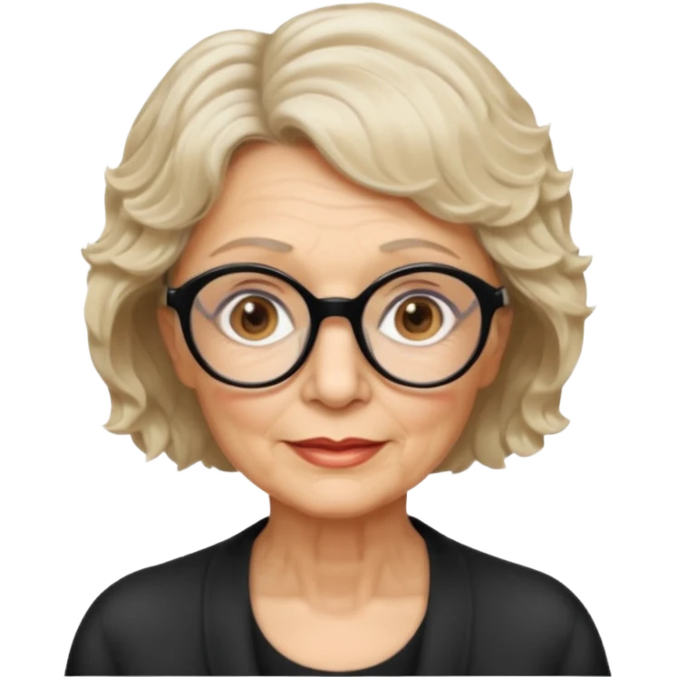woman 70 years old, very short blonde weavy hair, brown eyes and round dark glasses emoji