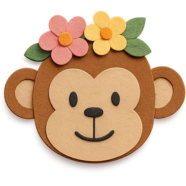 paper craft style monkey with flowers, bust up emoji
