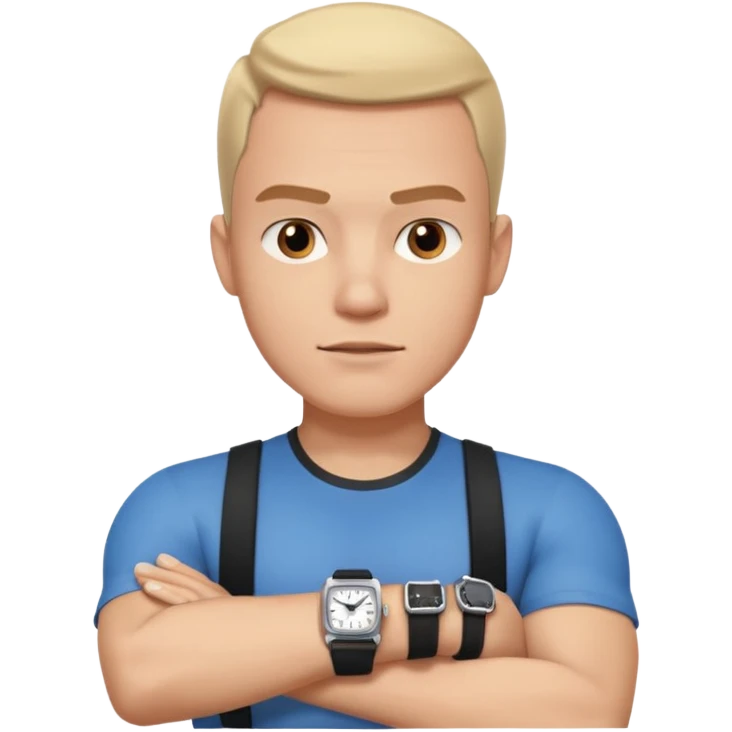 man wearing a black strap watch portrait, head and shoulders only, square jawline, strong facial structure, confident expression, black strap wristwatch visible, 3D cartoon, mobile game icon style, clean background, no text, no watermark
 emoji
