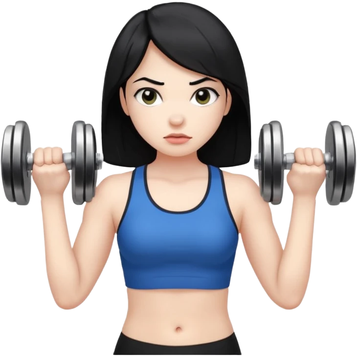 Pale girl with black hair using dumbells emoji