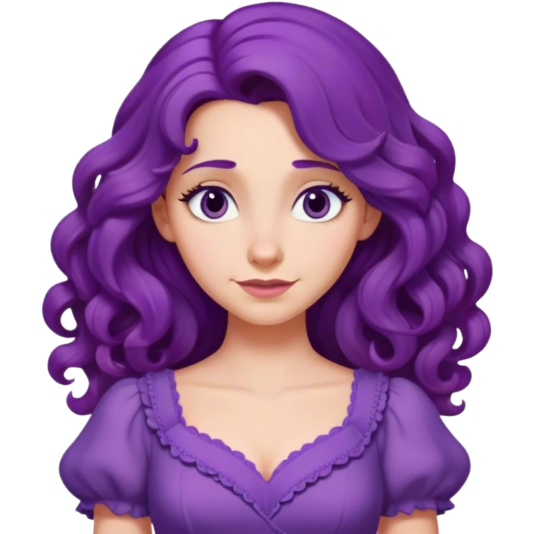 Femme aux cheveux longs et bouclés violets, robe violette, yeux en amande, sourire en coin, style animation Disney emoji