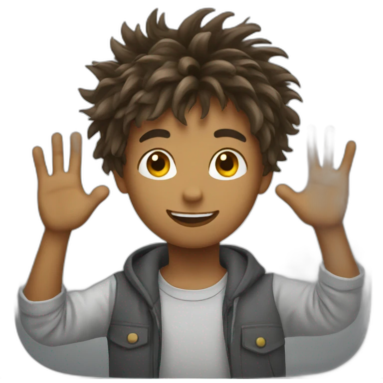 boy waving with messy hairs hand emoji