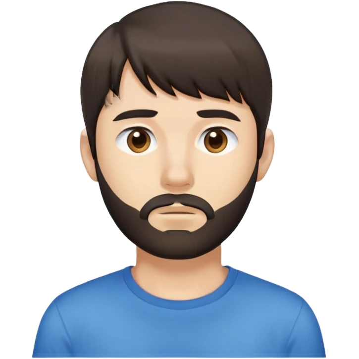 Man with longer dark brown straight hair past ears with bangs, short beard covering whole face, neutral expression, basic blue t-shirt emoji