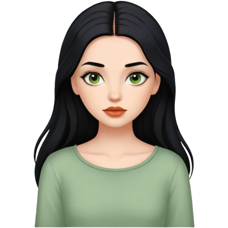 european girl with long black hair, long eyelashes, terracotta lips, light green top emoji