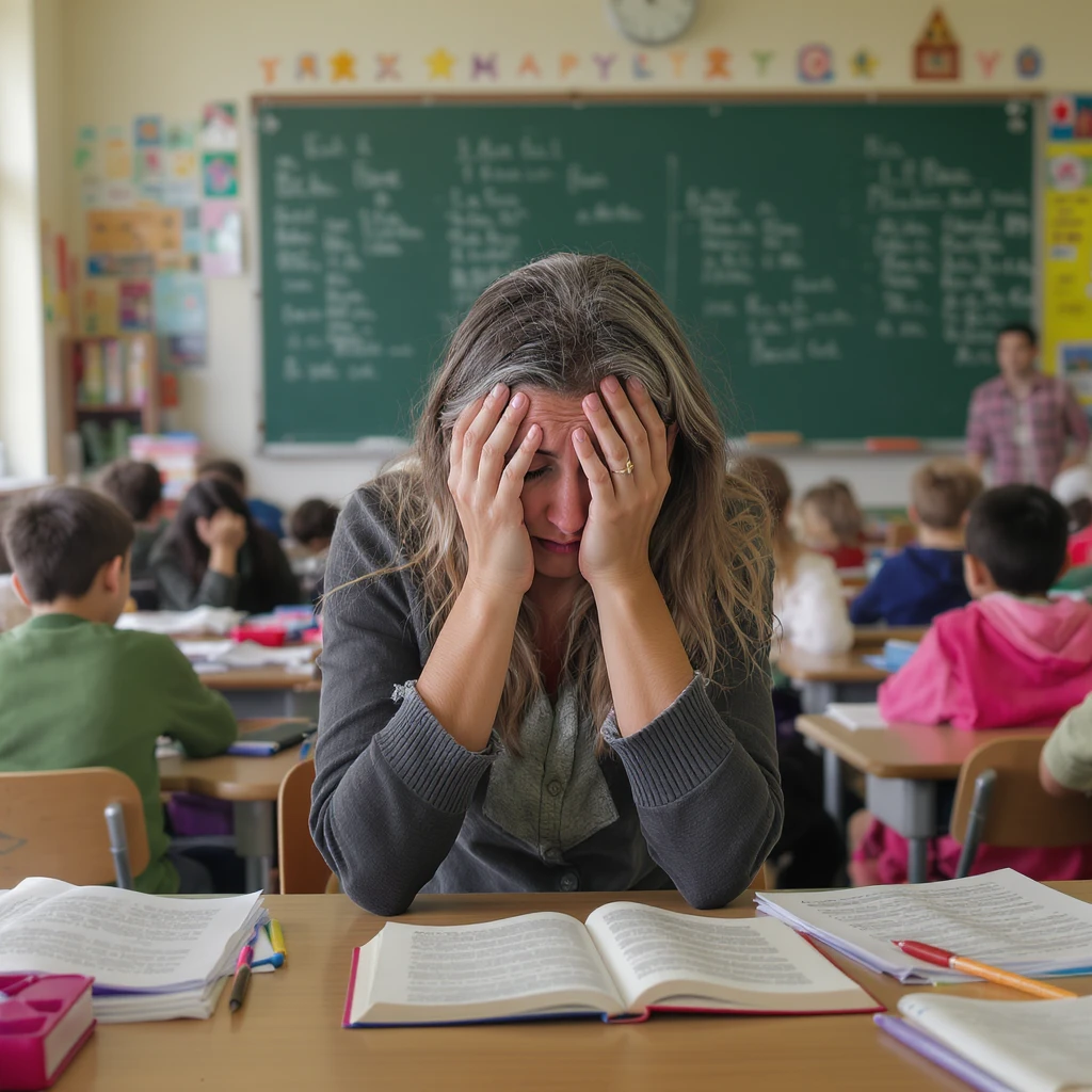 exhausted teacher in a bustling classroom emoji