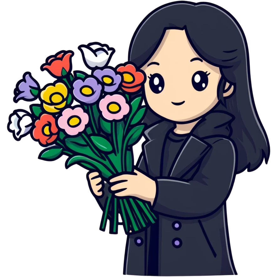 beautiful girl with long black hair wearing a black coat holding a bouquet of flowers emoji