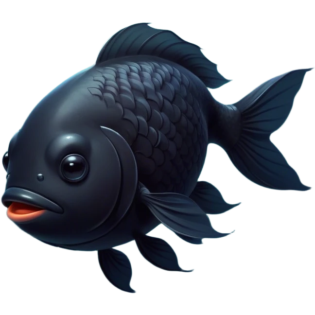 Meme-Worthy Cute Sleeping Black Goldfish Portrait Emoji, Head resting peacefully with a contented smile, showcasing a streamlined, graceful body and a luxuriously soft deep black hue, eyes closed in a serene, floating nap, Simplified yet hilariously adorable features, highly detailed, glowing with a soft, drowsy light, high shine, relaxed and utterly lovable, stylized with an air of playful laziness, bright and heartwarming, soft glowing outline, capturing the essence of a comically sleepy goldfish, so meme-worthy it feels like it could instantly become the next viral sensation of adorable slumber! emoji