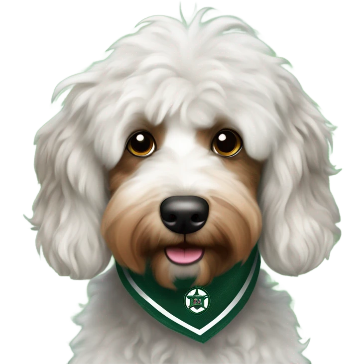 Multicolored Aussiedoodle wearing a bandana with the NHL Dallas Stars hockey team logo emoji