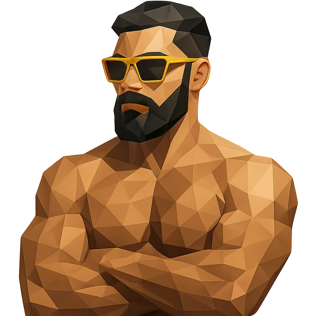 muscular man with black beard wearing yellow sunglasses emoji