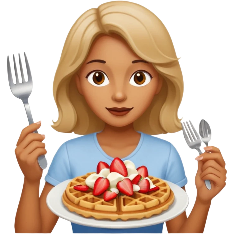 mujer disfrutando wafles con frutilla emoji