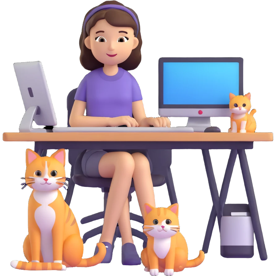 a girl at a desk with a computer with a cat lying beside the computer emoji