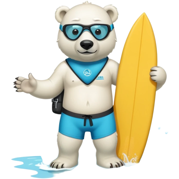 friendly anthropomorphised polar bear standing out of the pool, wearing surf board shorts and a scuba mask with snorkel emoji