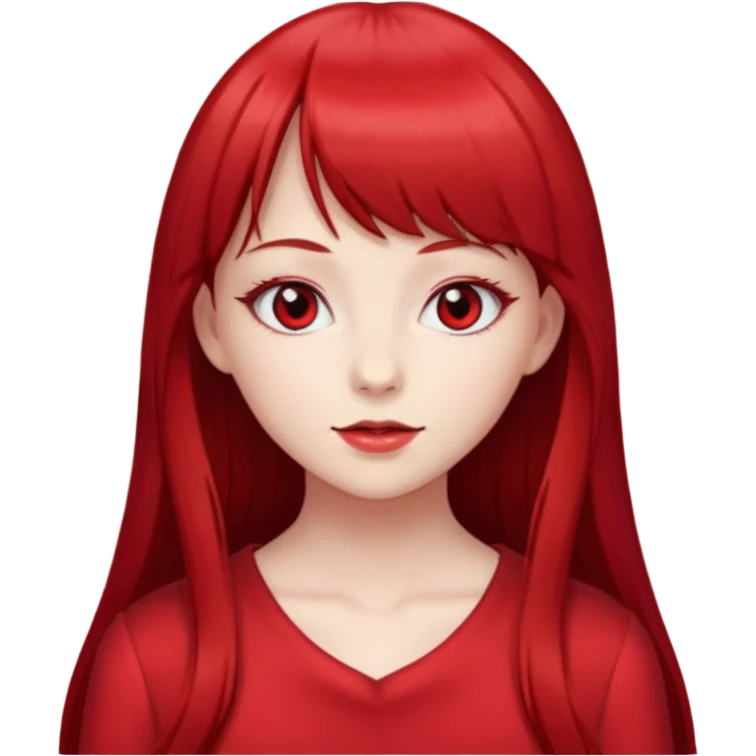 beautiful girl with red velvet long hair and straight bangs, red eyes and red clothes emoji