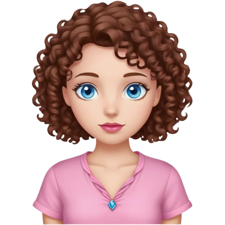 A girl with blue eyes brow curly hair and pink coquette shirt emoji