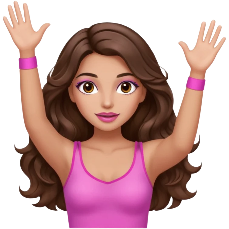 girl with long wavy brown hair, brown eyes, long lashes makeup, sexy pink lips, light to medium complexion, wearing a pink sexy top, both hands in the air high emoji