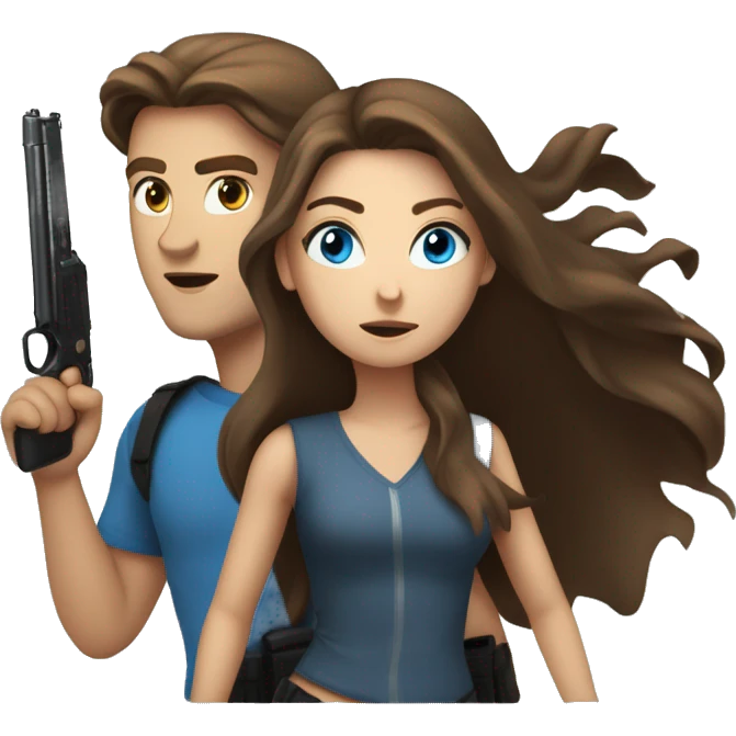 a beautiful young woman with long brown hair and blue eyes with a gun runs after a guy with brown hair and gray eyes emoji