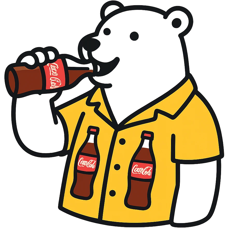 polar bear wearing a Hawaiian shirt with Coke bottles printed on it, drinking a bottle of Coca-Cola emoji