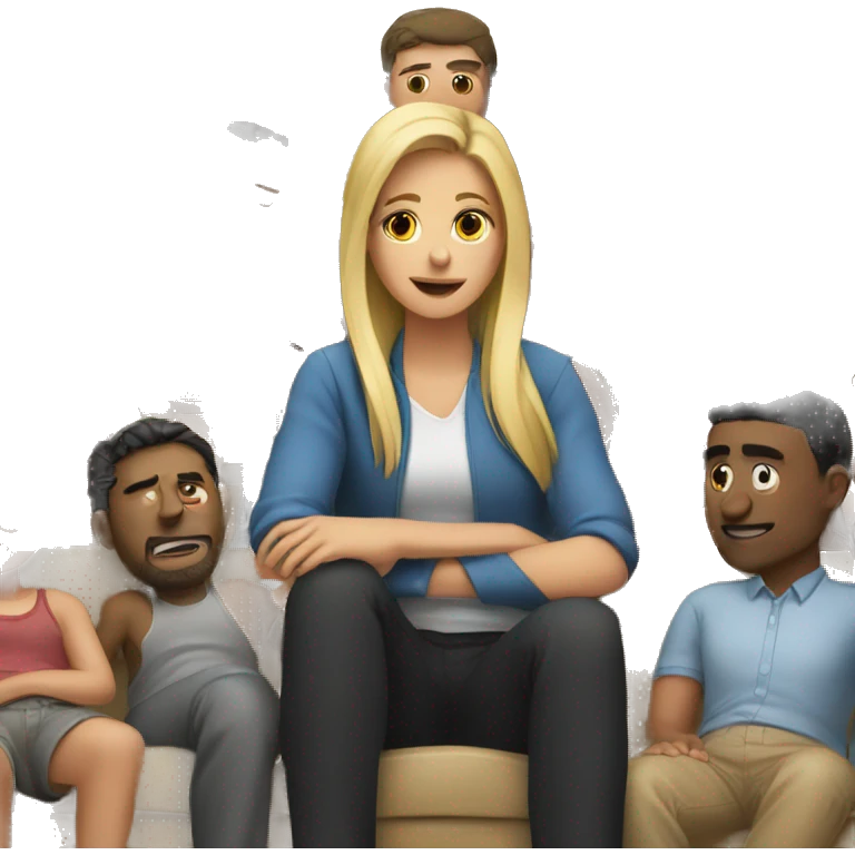 Girl sitting on the couch surrounded by a lot of men emoji