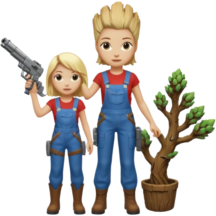 Can you make an emoji with groot from guardian of the galaxy with me standing next to him. I’m a white female with blonde hair and I like to wear overalls. We should be shooting galaxy guns  emoji