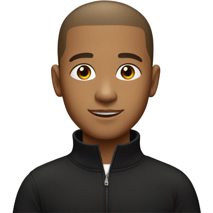 boy with light brown skin, buzz cut, no facial hair, wearing a smart black quarter zip jumper with white t shirt underneath. emoji