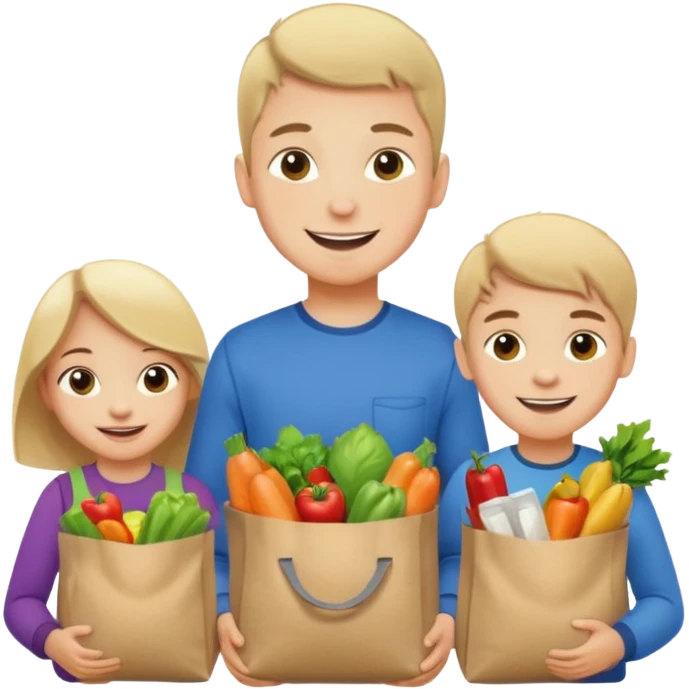 caucasian kids putting groceries in bags smiling emoji
