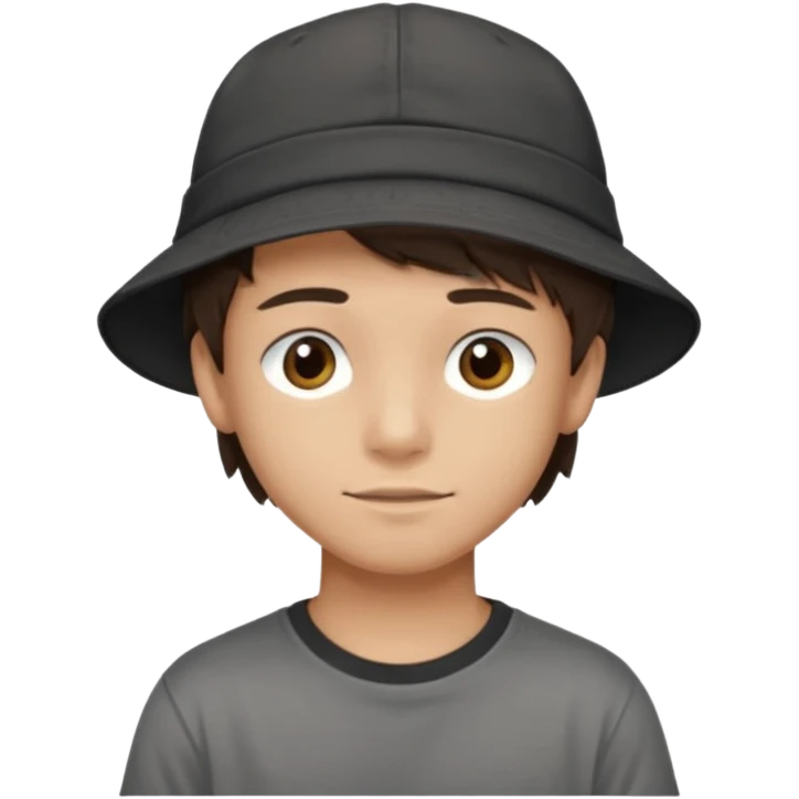 Create a teen boy wearing a faded black T-shirt. He will have brunette hair, tan skin, and dark brown eyes. He is wearing a gray hat turned backwards. emoji