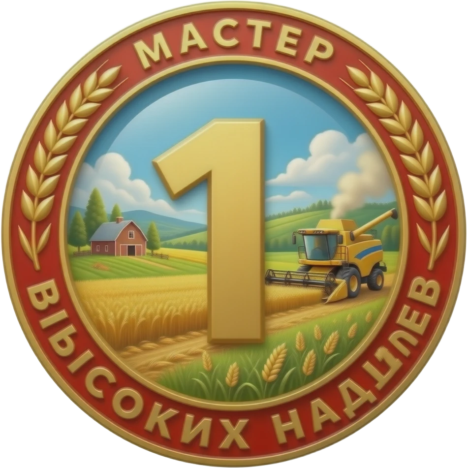 Top: red enamel bar with gold wheat. Lower gold ring: detailed landscape with fields, barn, combine harvester. Foreground dominates: large red-framed golden '1' and distinct Russian text: 'МАСТЕР ВЫСОКИХ НАДОЕВ'. Clean render. emoji